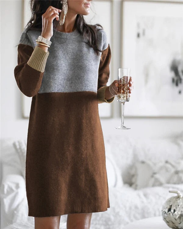 Women's Dress – Wool Blend – Relaxed Fit – Long Sleeves – Color Block Design
