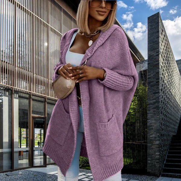 Women's Cardigan – Oversized Fit – Wool Feel Knit – Hood – Open Front – Pockets