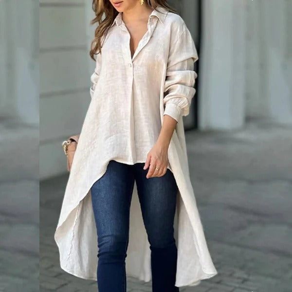 Women's Blouse – Relaxed Fit – Long Sleeve – High-Low Hem – Soft Cotton Blend