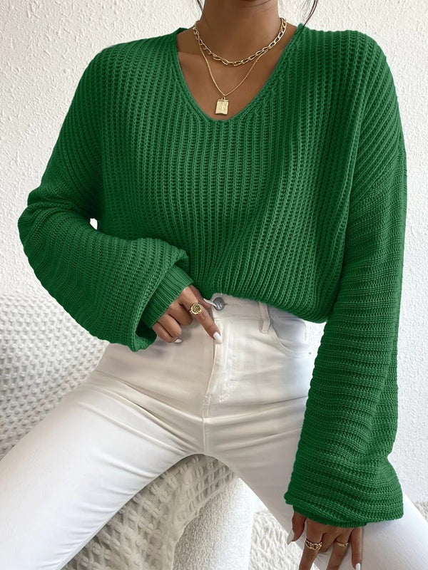 Women's Sweater – Relaxed Fit – Ribbed Knit – Wide V-Neck – Long Sleeves