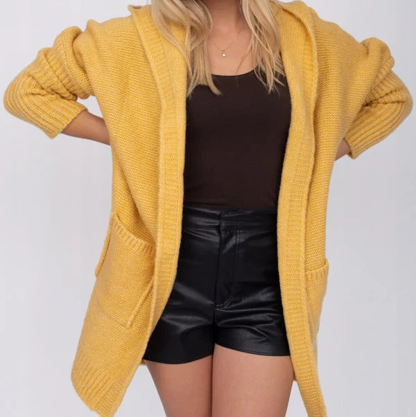 Women's Cardigan – Oversized Fit – Wool Feel Knit – Hood – Open Front – Pockets