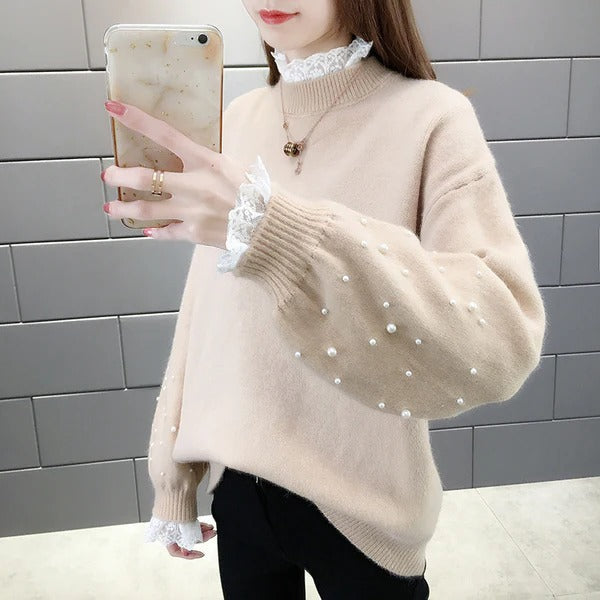 Women's Sweater Knitted – Wool Blend – Relaxed Fit – Pearl Details – Puffed Sleeves