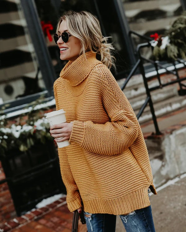 Women's Sweater – Knitted – Oversized Fit – High Neck – Ribbed Texture – Long Sleeves