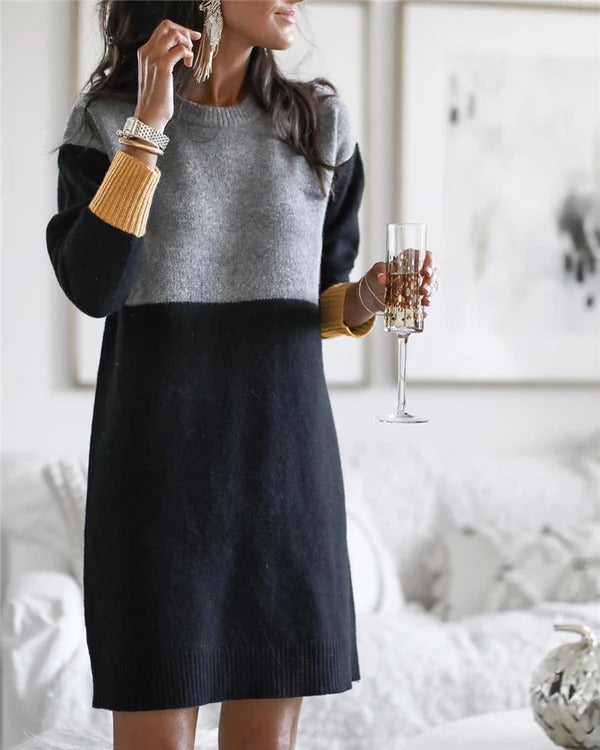Women's Dress – Wool Blend – Relaxed Fit – Long Sleeves – Color Block Design