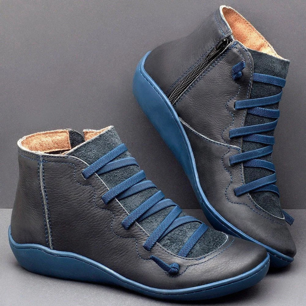 Women's Ankle Boots – Low Heel – Round Toe – Smooth Leather – Lacing and Zipper