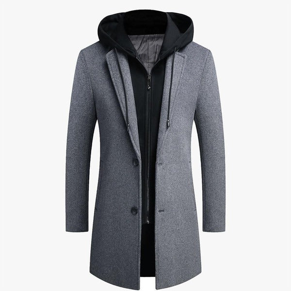 Men's Coat – Wool Blend – Tailored Fit – Detachable Hood – Mid-Length