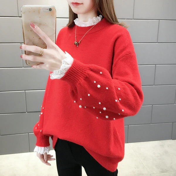 Women's Sweater Knitted – Wool Blend – Relaxed Fit – Pearl Details – Puffed Sleeves