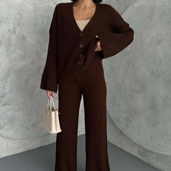 Women's Loungewear Set – Knitted Ribbed Texture – Oversized Fit – Wide Sleeves