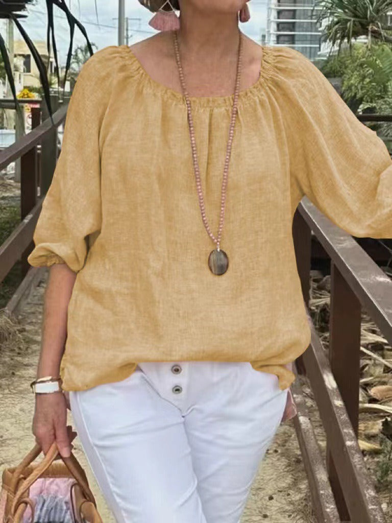 Women's Sweater – Relaxed Fit – Linen and Cotton – Mid-Length Sleeves – Round Neck
