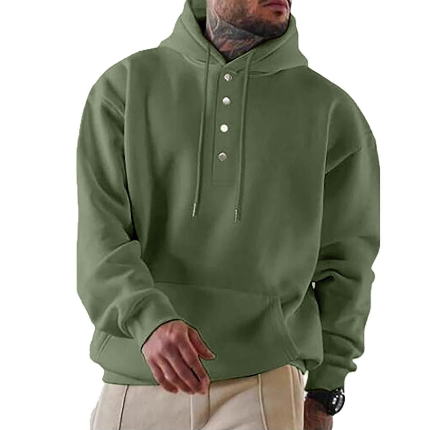 Men's Hoodie – Loose Fit – Fleece – Button Opening – Everyday Use