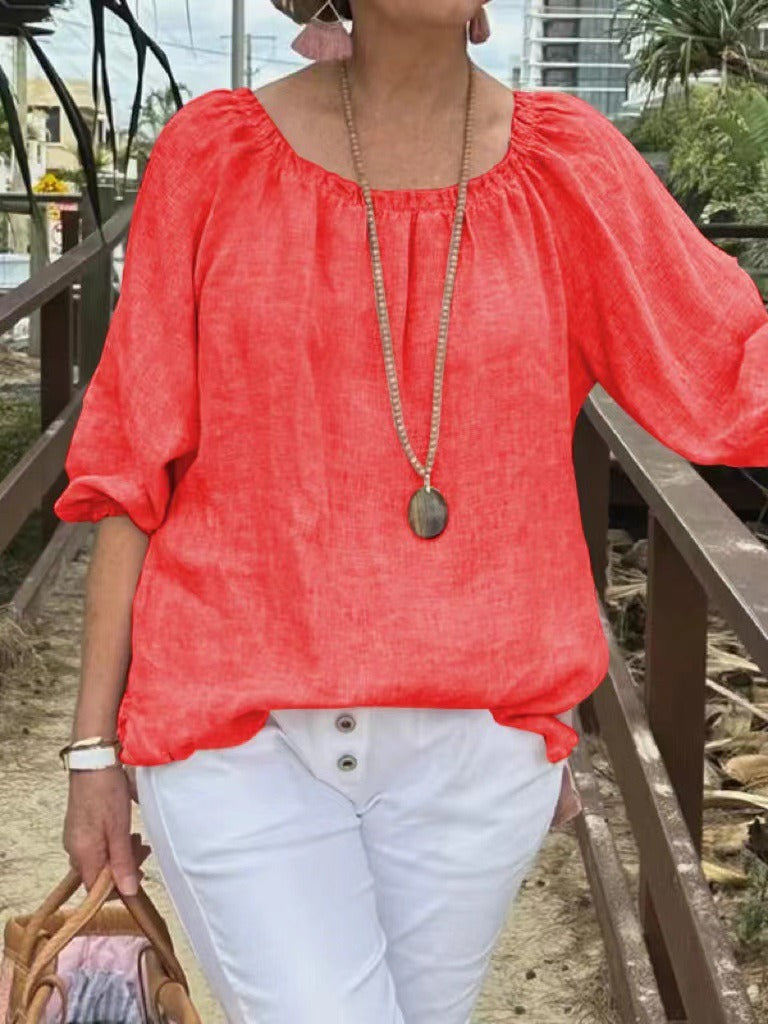 Women's Sweater – Relaxed Fit – Linen and Cotton – Mid-Length Sleeves – Round Neck