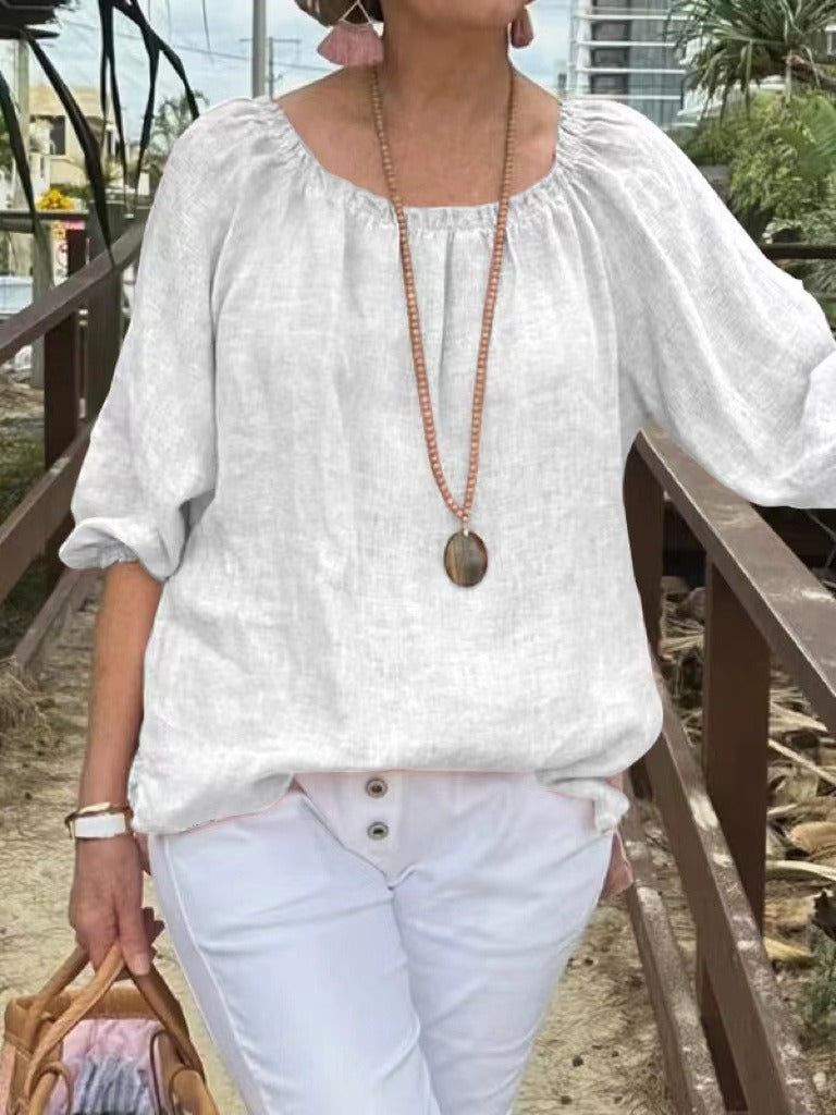 Women's Sweater – Relaxed Fit – Linen and Cotton – Mid-Length Sleeves – Round Neck