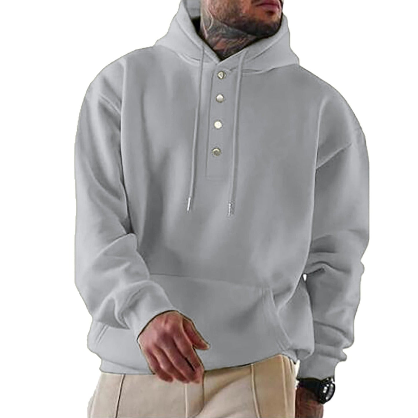 Men's Hoodie – Loose Fit – Fleece – Button Opening – Everyday Use