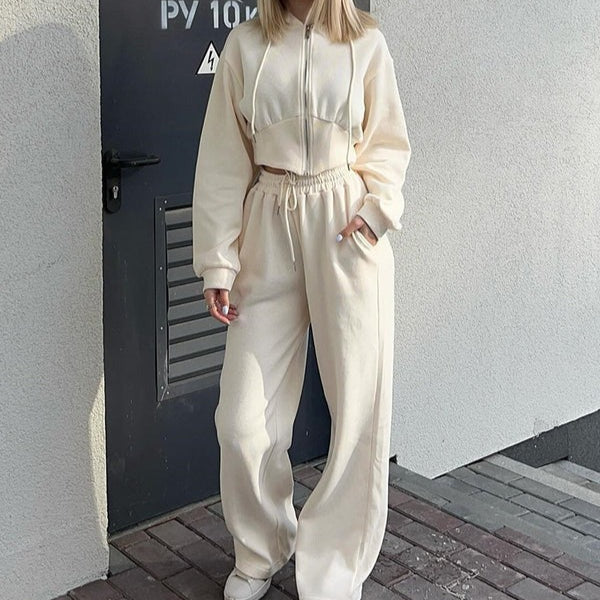 Women's Loungewear Set – Zip-Up Hoodie – Wide Pants – Soft Cotton Blend