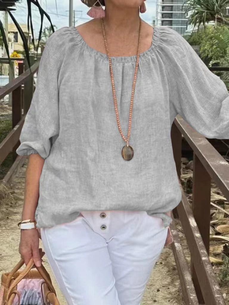 Women's Sweater – Relaxed Fit – Linen and Cotton – Mid-Length Sleeves – Round Neck
