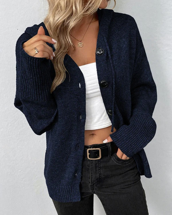 Women's Cardigan in Knit – Hood – Relaxed Fit – Buttons – Ribbed Cuffs