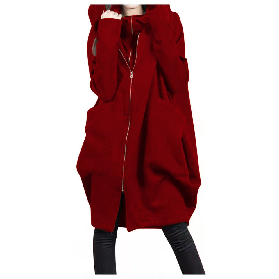 Women's Coat in Mid-Length – Oversized Fit – Hood – Zipper – Large Pockets