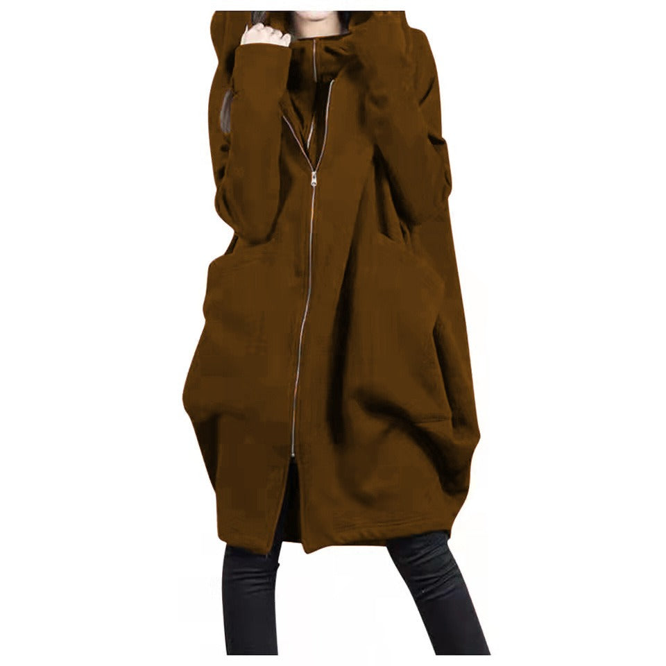 Women's Coat in Mid-Length – Oversized Fit – Hood – Zipper – Large Pockets
