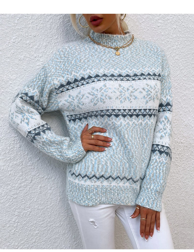 Women's Sweater – Wool Knit – Relaxed Fit – Snowflake Pattern – High Neck