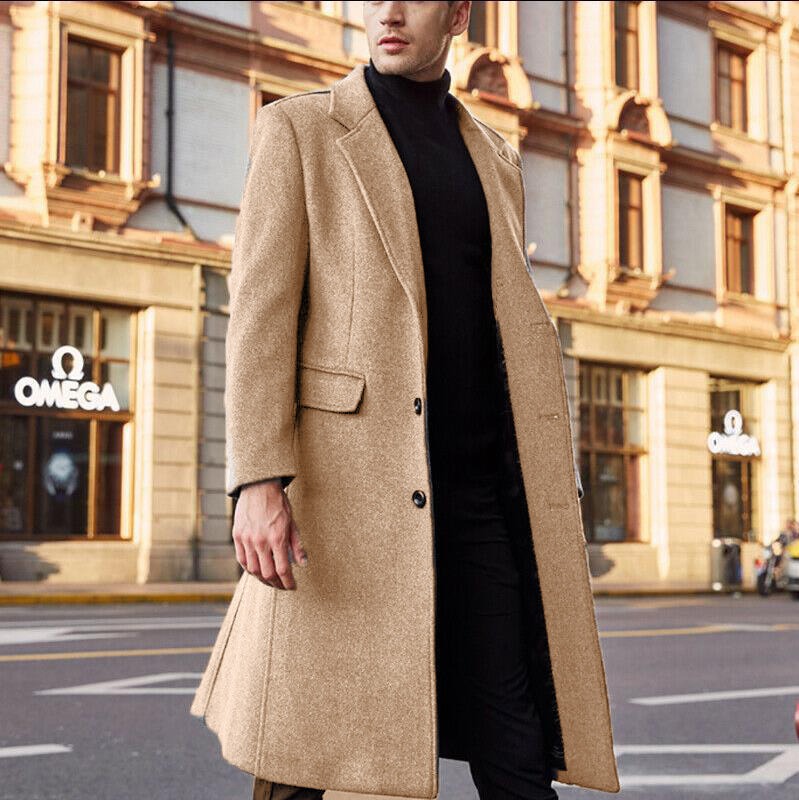 Men's Trench Coat – Tailored Fit – Wool Blend – Long Model – Classic Lapels