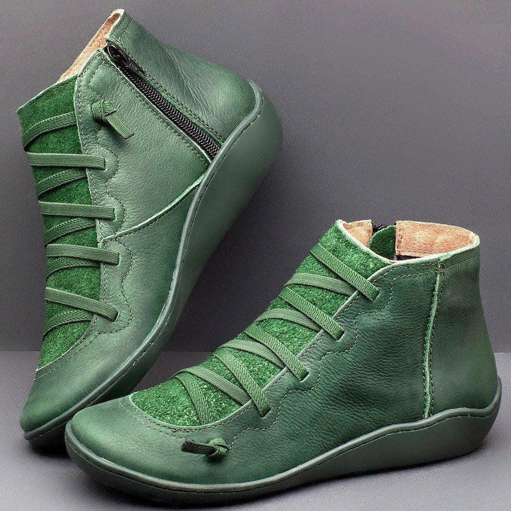 Women's Ankle Boots – Low Heel – Round Toe – Smooth Leather – Lacing and Zipper