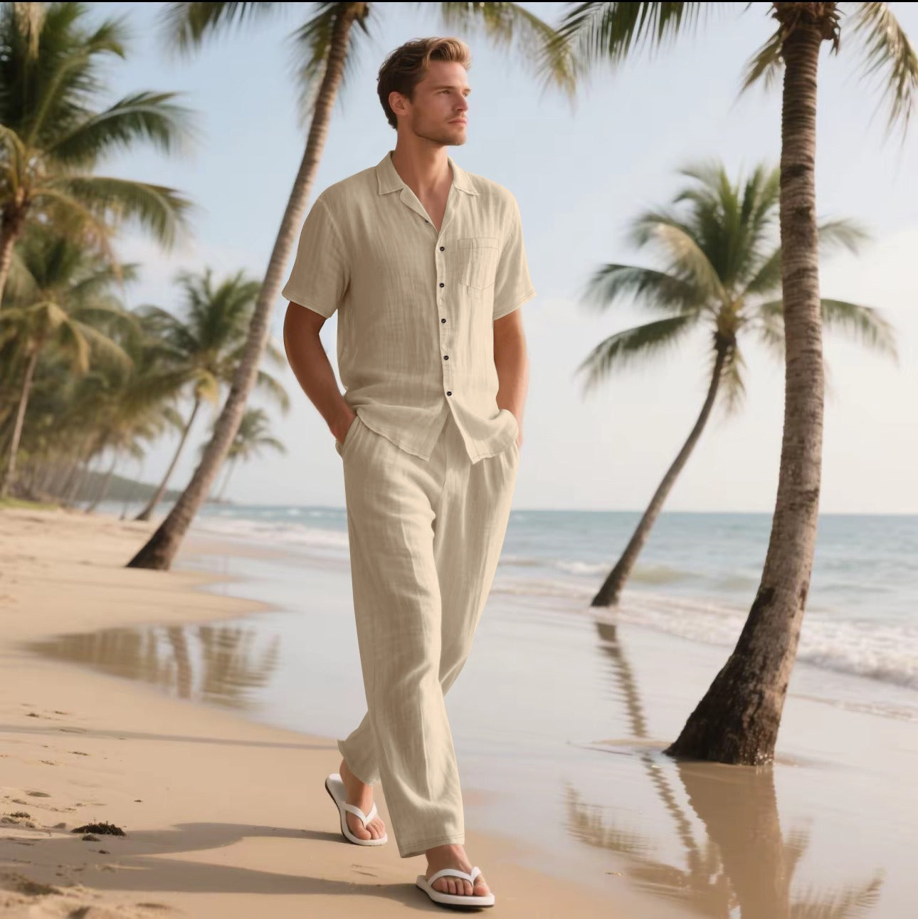 Men's Set with Shirt and Pants – Linen – Relaxed Fit – Short Sleeve – Elastic Waist