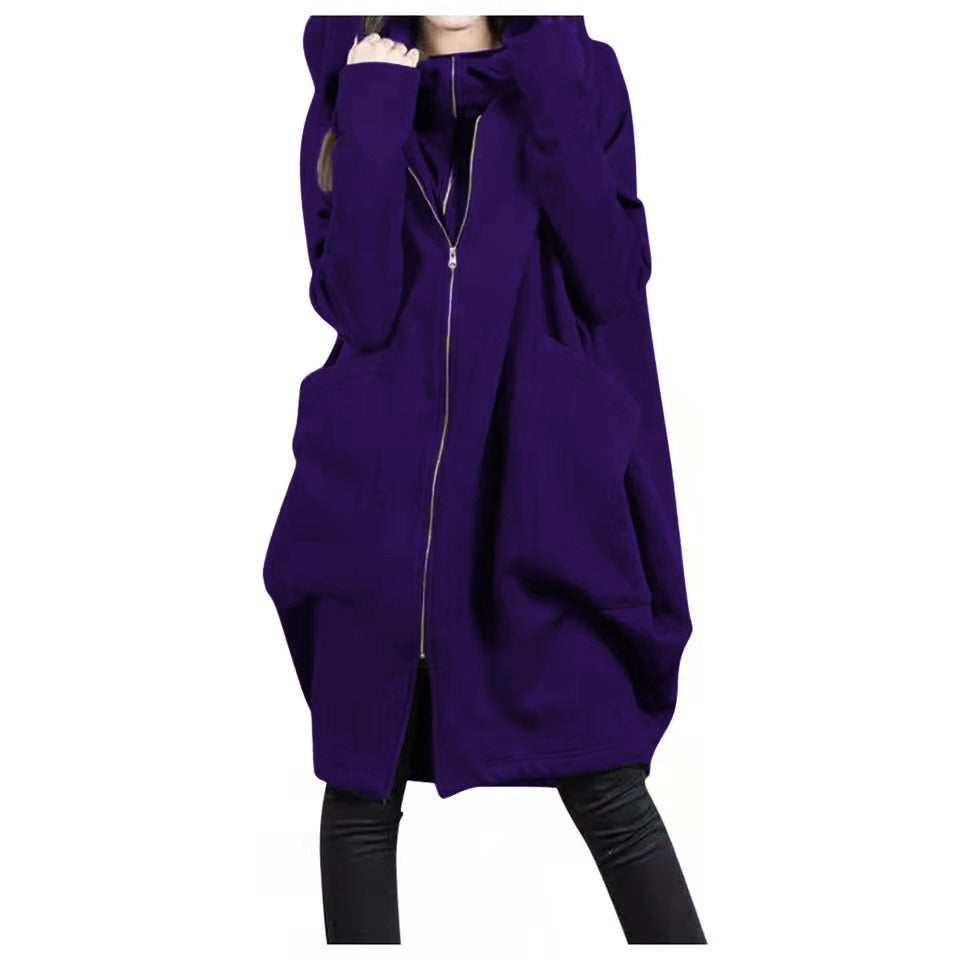 Women's Coat in Mid-Length – Oversized Fit – Hood – Zipper – Large Pockets