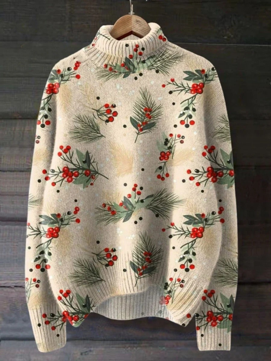Women's Turtleneck Sweater – Wool Knit – Relaxed Fit – Festive Pattern – Ribbed Edges