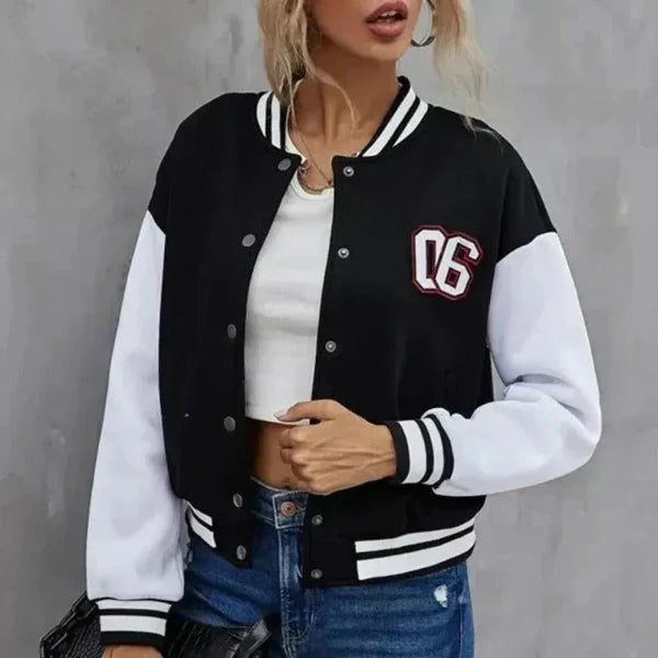Women's Bomber Jacket – Relaxed Fit – Smooth Knitted Fabric – Varsity Style – Button Front