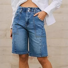 Women's Bermuda Shorts in Denim – Relaxed Fit – High Waist – Panel Details