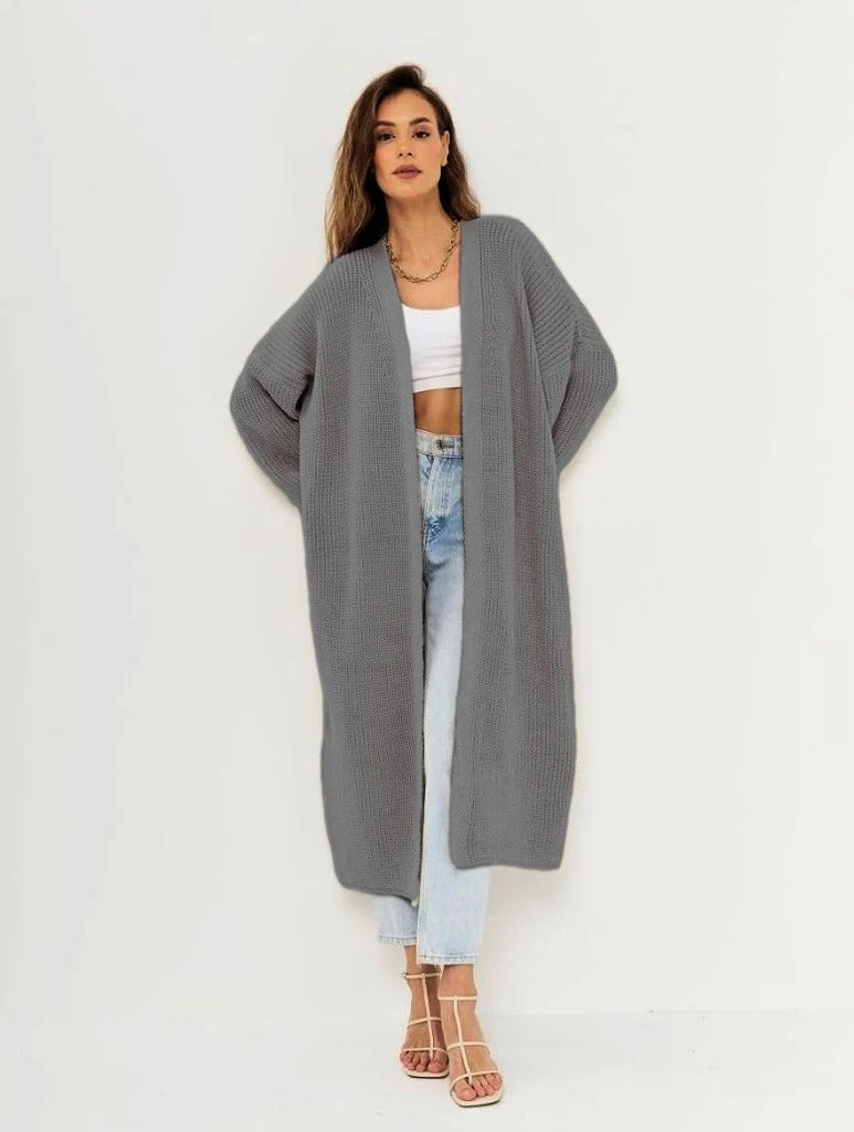 Women's Long Knitted Cardigan – Wool Feel – Oversized Fit – Open Front