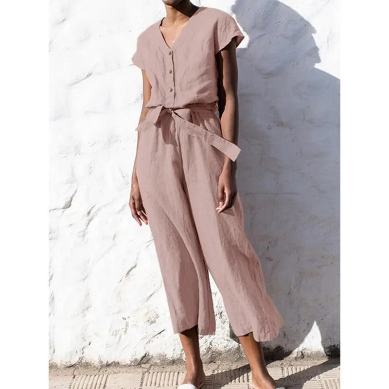 Women's jumpsuit – relaxed fit – cotton blend – V-neck – short sleeves – tie belt