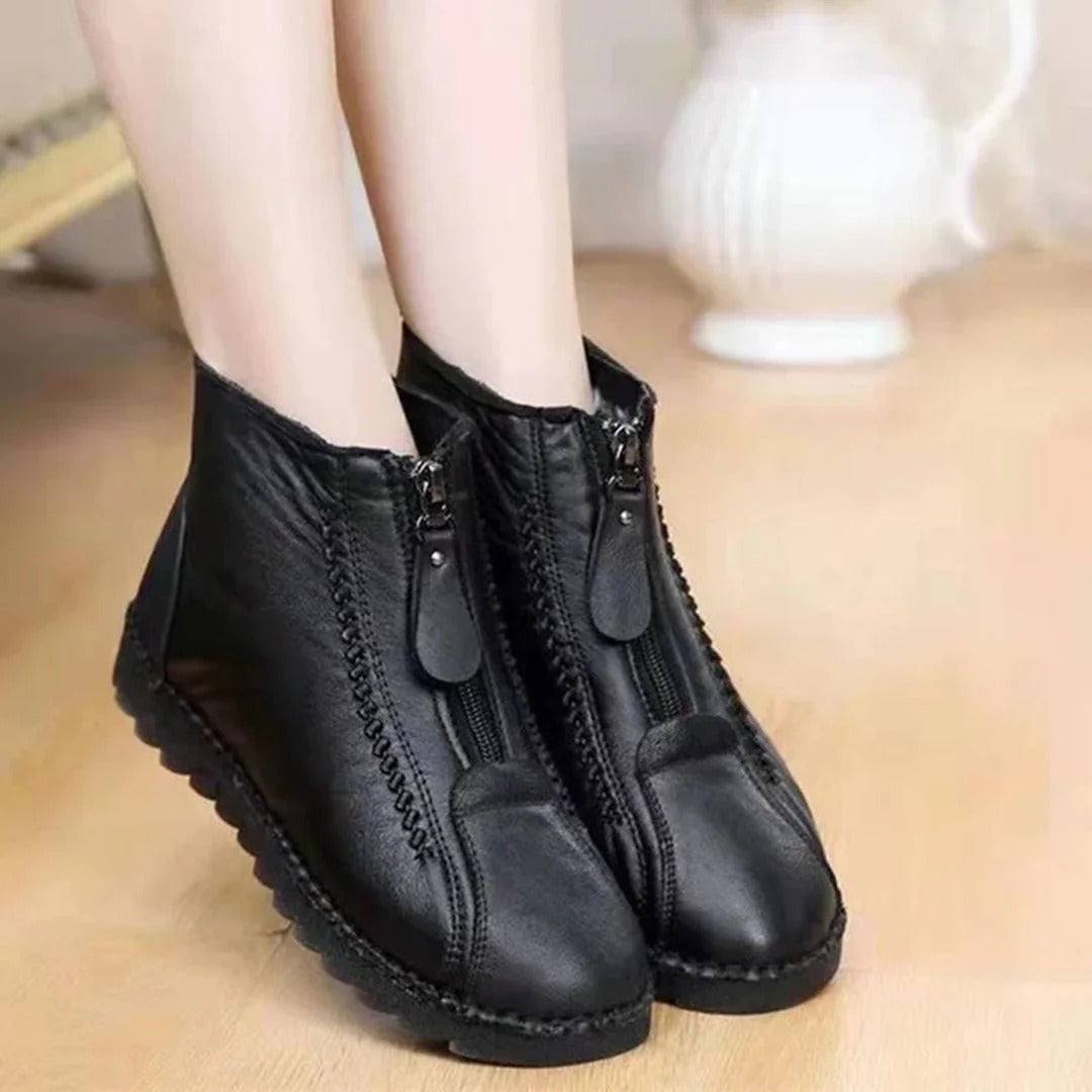 Women's Ankle Boots – Leather Look – Front Zipper – Chunky Sole – Relaxed Fit