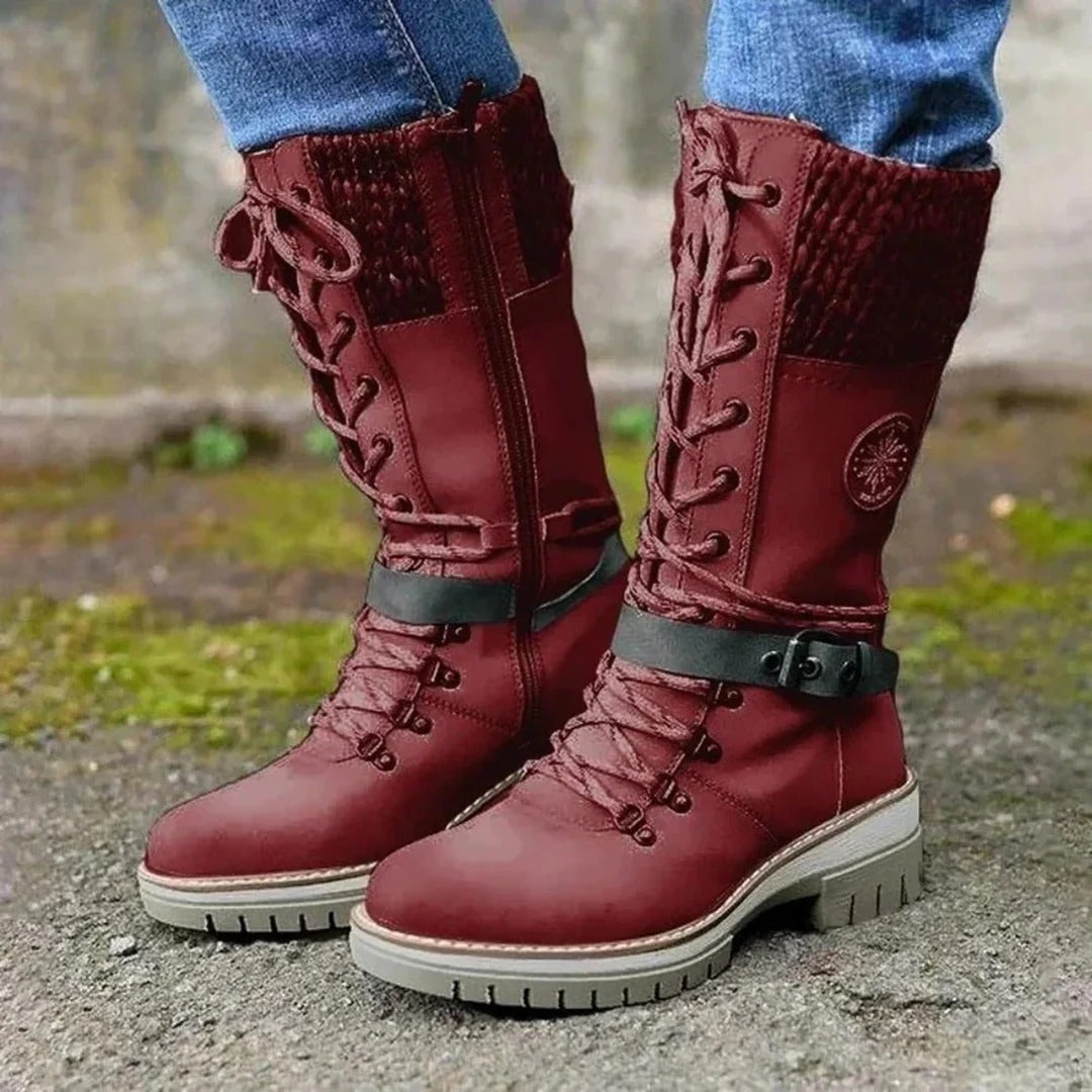 Women's High Boots – Front Lacing – Zipper – Wool Cuff – Buckle Details