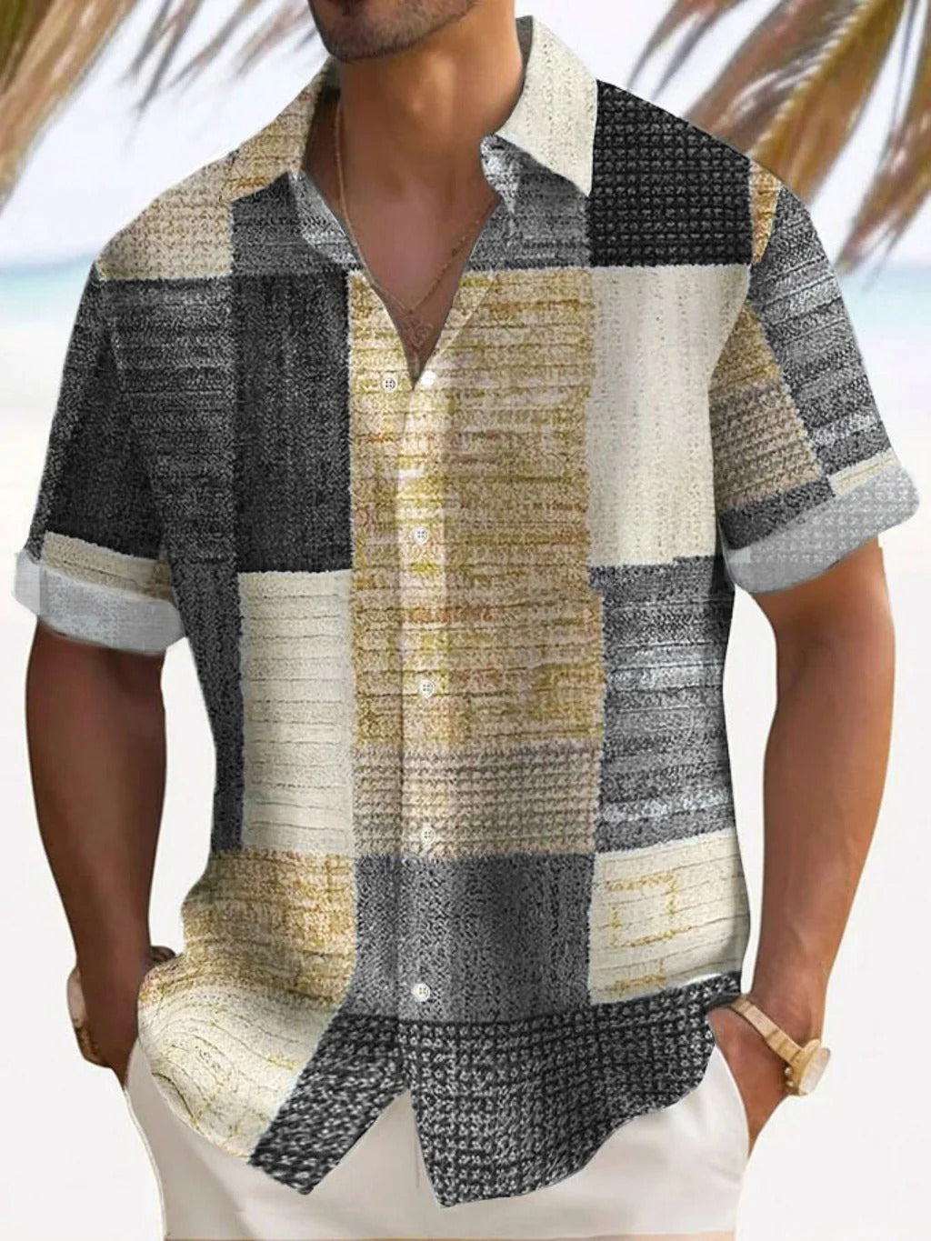 Men's Shirt with Short Sleeves – Relaxed Fit – Linen and Cotton – Patchwork Design