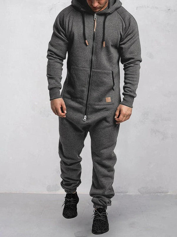 Men's jumpsuit – fleece comfort – relaxed fit – hood – full zipper – pockets