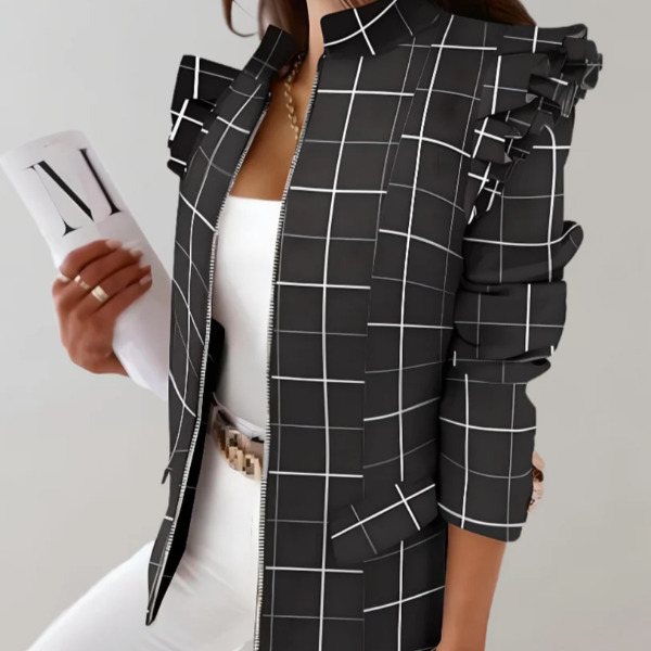 Women's Jacket – Tailored Fit – Check Pattern – Ruffled Shoulders – Stand Collar