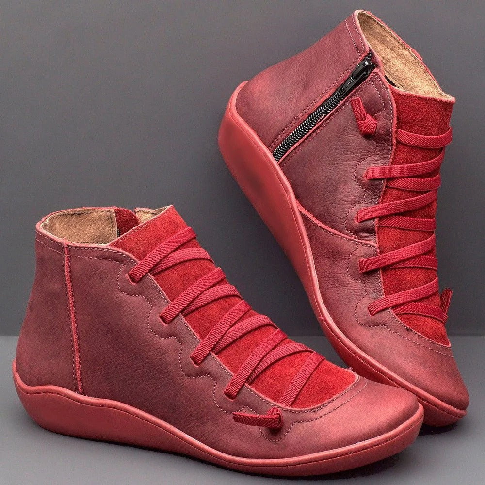 Women's Ankle Boots – Low Heel – Round Toe – Smooth Leather – Lacing and Zipper