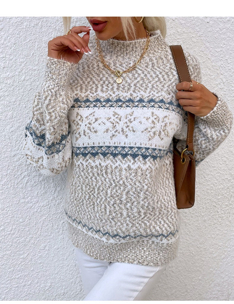Women's Sweater – Wool Knit – Relaxed Fit – Snowflake Pattern – High Neck