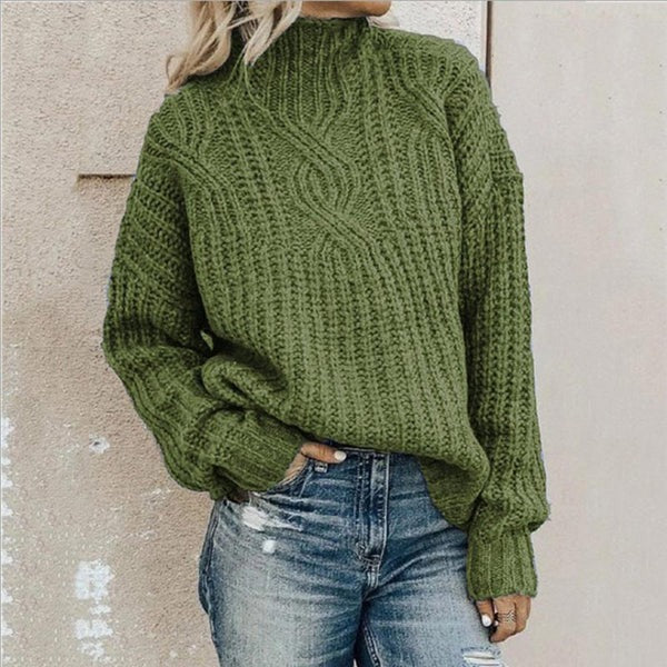 Women's Sweater – Relaxed Fit – Wool Feel – Thick Cable Knit – High Neck