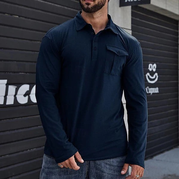 Men's Henley Pique Shirt – Slim Fit – Long Sleeve – Cotton – Chest Pocket – Stand Collar
