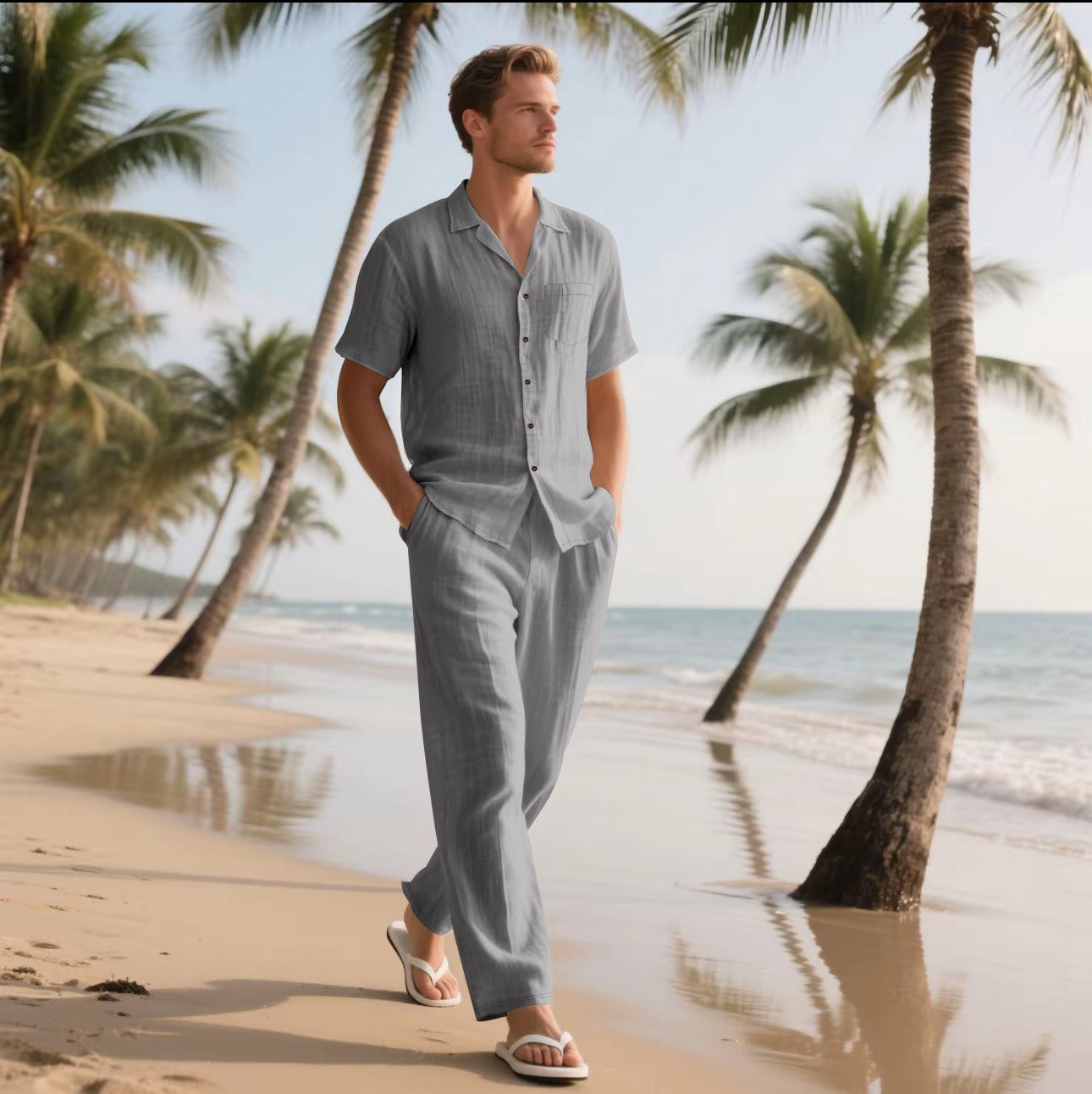 Men's Set with Shirt and Pants – Linen – Relaxed Fit – Short Sleeve – Elastic Waist