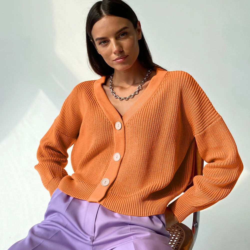 Women's Cardigan – Relaxed Fit – Rib Knit – V-Neck – Buttons – Rolled-Up Sleeves