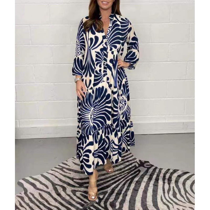 Dress for Women – Chiffon – Loose Fit – V-Neck – Pleated – Patterned – 3/4 Sleeves