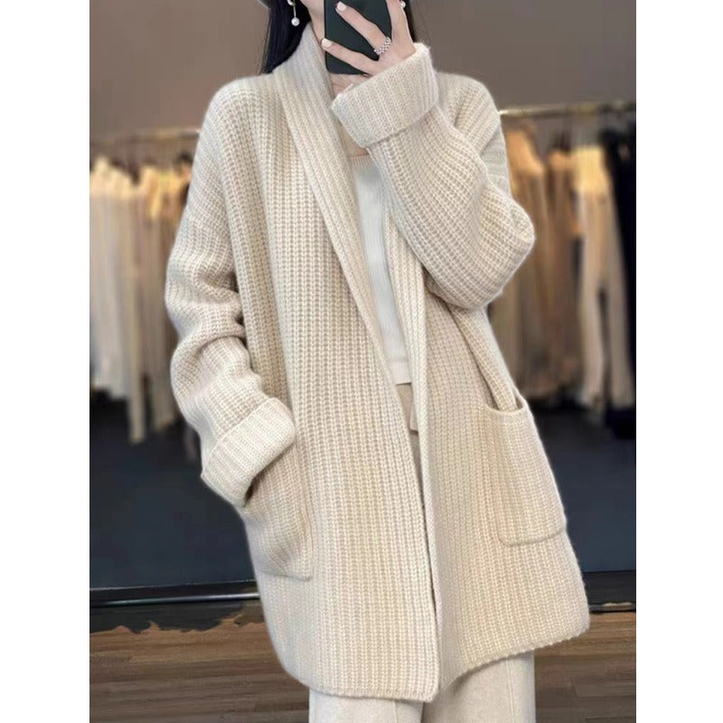 Women's Cardigan – Oversized Fit – Chunky Knit – Shawl Collar – Long Model with Pockets