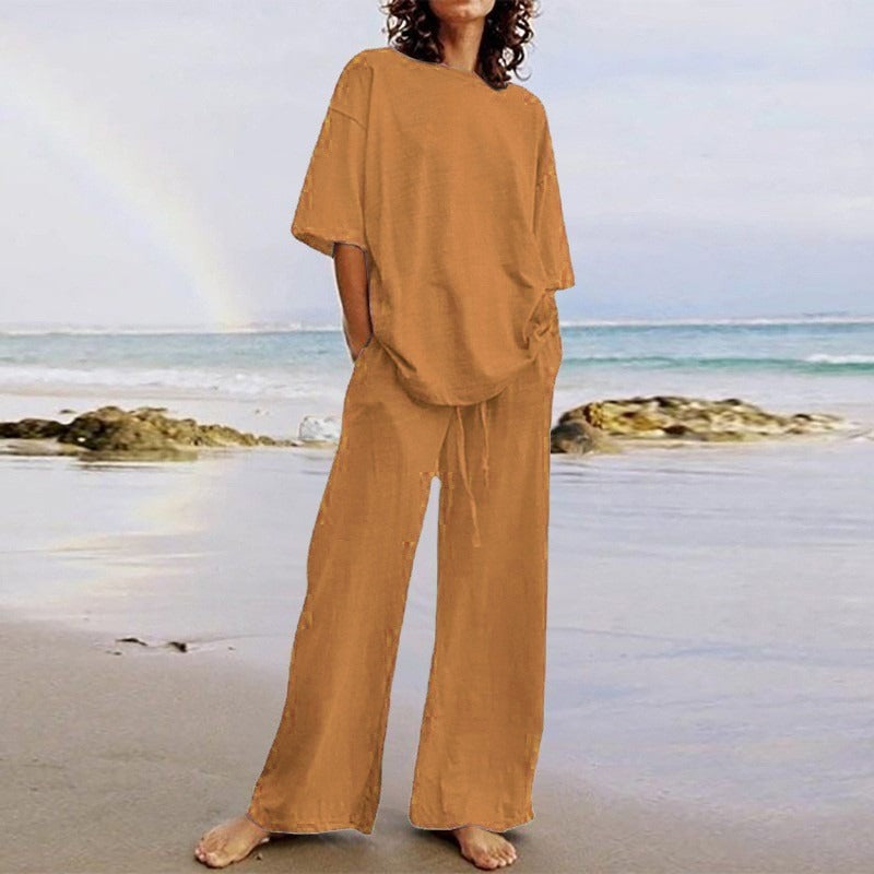 Women's Set – Relaxed Fit Top with O-Neck – Wide Pants with Elastic and Pockets