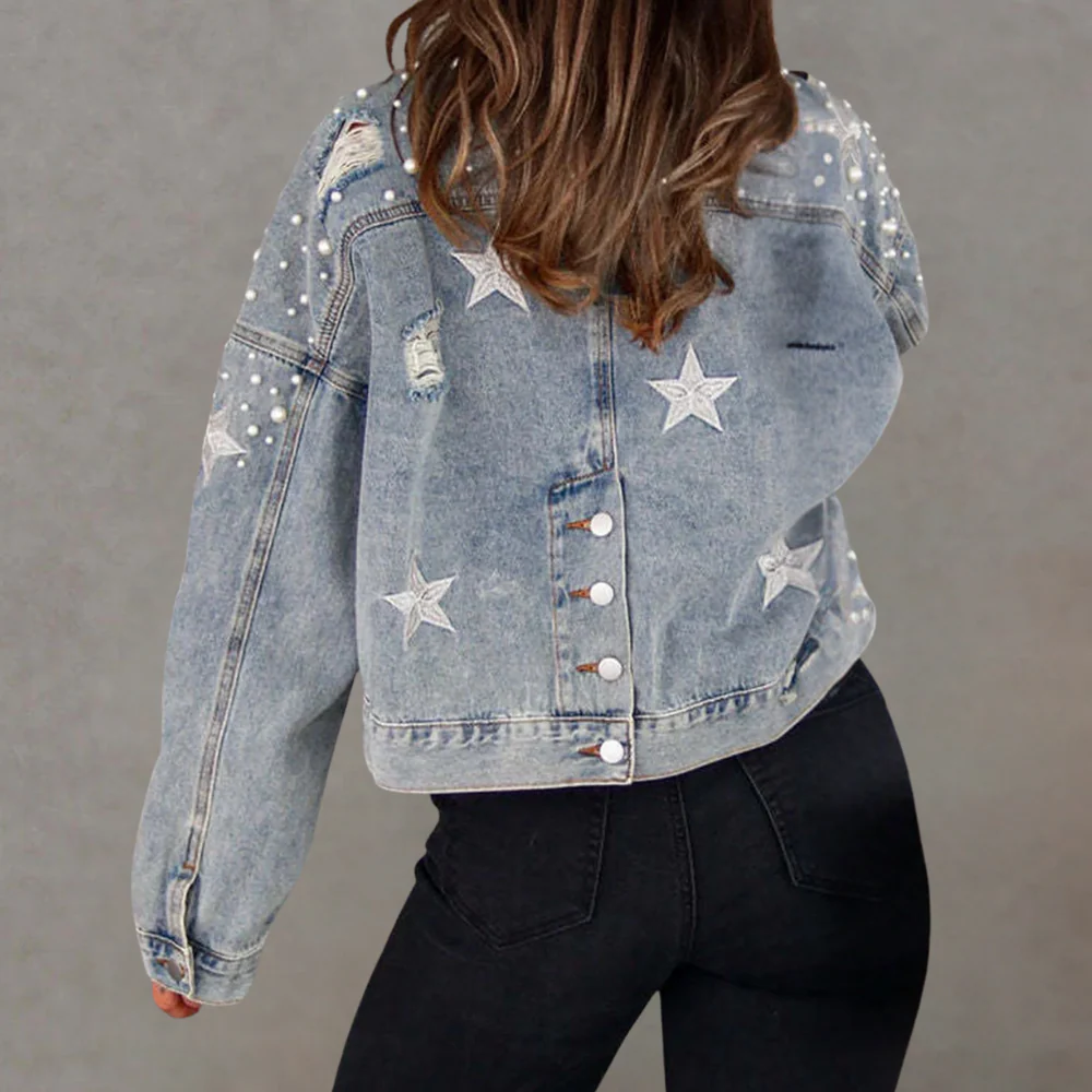 Women's Denim Jacket – Oversized Fit – Short Length – Studded and Distressed Design