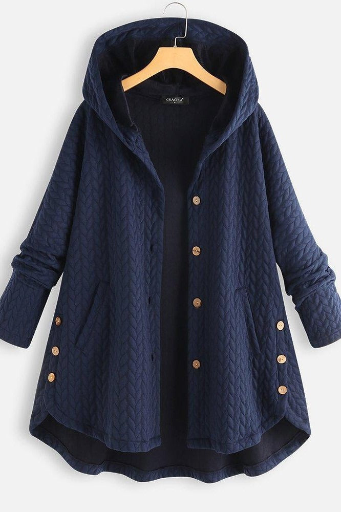 Women's Coat with Hood – A-line Cut – Quilted Wool – Knee-length – Button Fastening