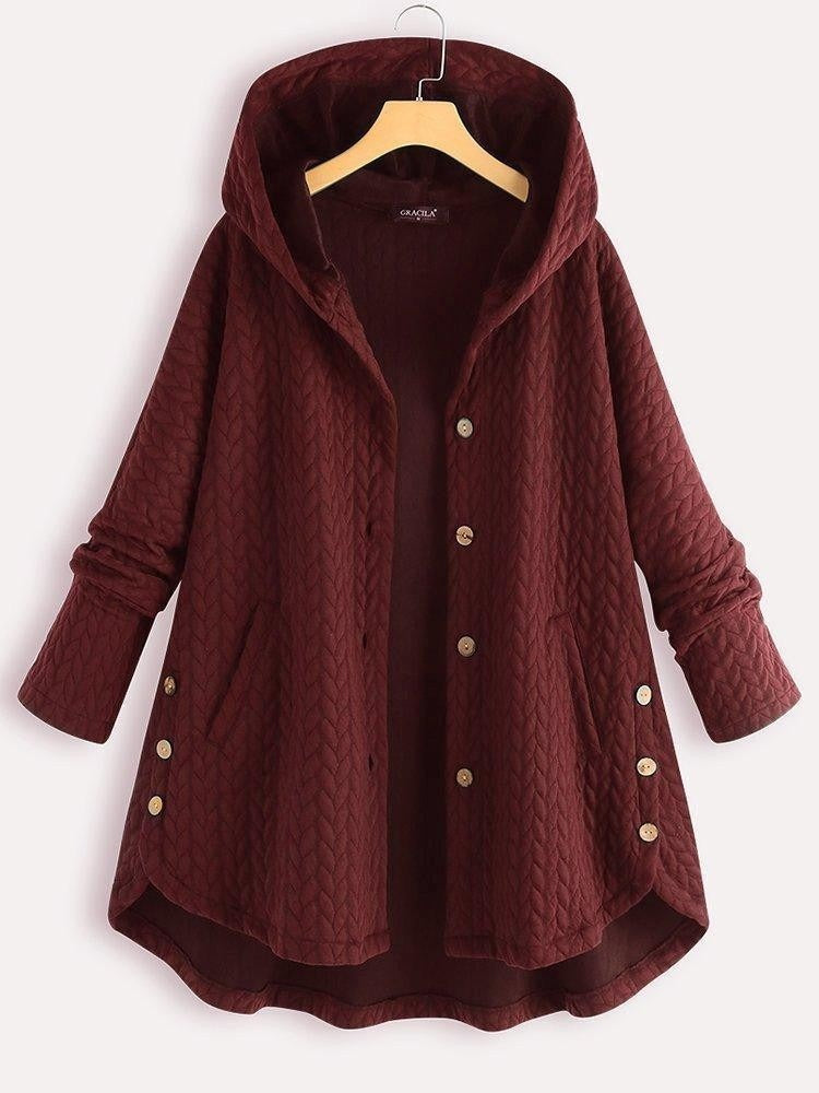 Women's Coat with Hood – A-line Cut – Quilted Wool – Knee-length – Button Fastening