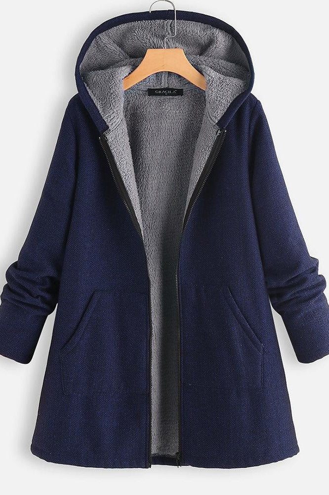 Women's Coat with Hood – Wool Texture – Fleece Lined – Oversized Fit – Zipper